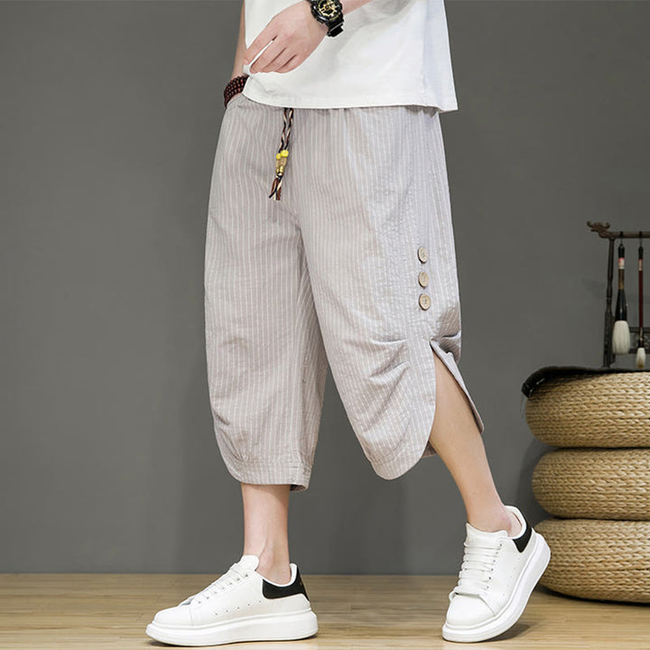Pantaloni harem da uomo in cotone con tasche, modello casual a righe bianche con coulisse e bottoni, modello Buddha Stones
