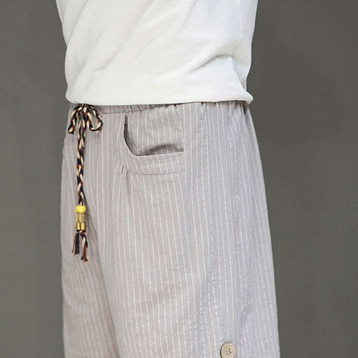 Pantaloni harem da uomo in cotone con tasche, modello casual a righe bianche con coulisse e bottoni, modello Buddha Stones
