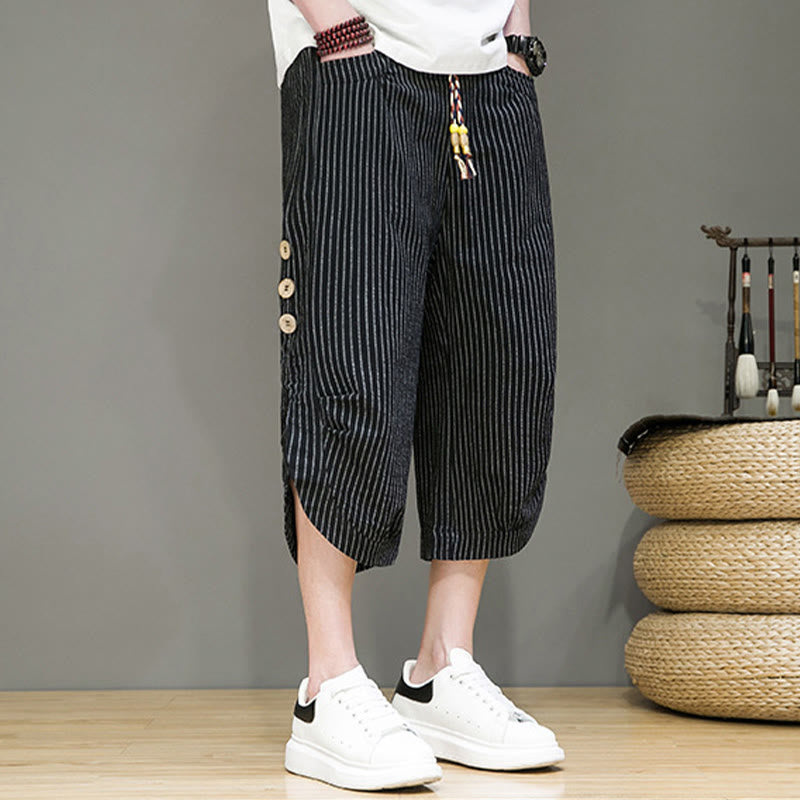 Pantaloni harem da uomo in cotone con tasche, modello casual a righe bianche con coulisse e bottoni, modello Buddha Stones