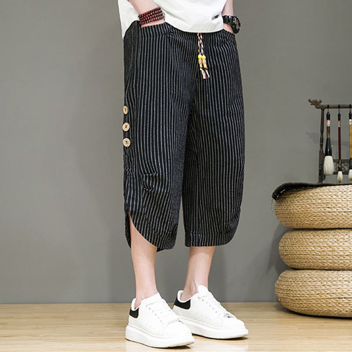 Pantaloni harem da uomo in cotone con tasche, modello casual a righe bianche con coulisse e bottoni, modello Buddha Stones