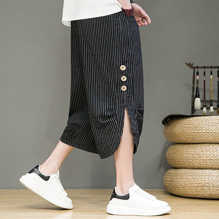 Pantaloni harem da uomo in cotone con tasche, modello casual a righe bianche con coulisse e bottoni, modello Buddha Stones
