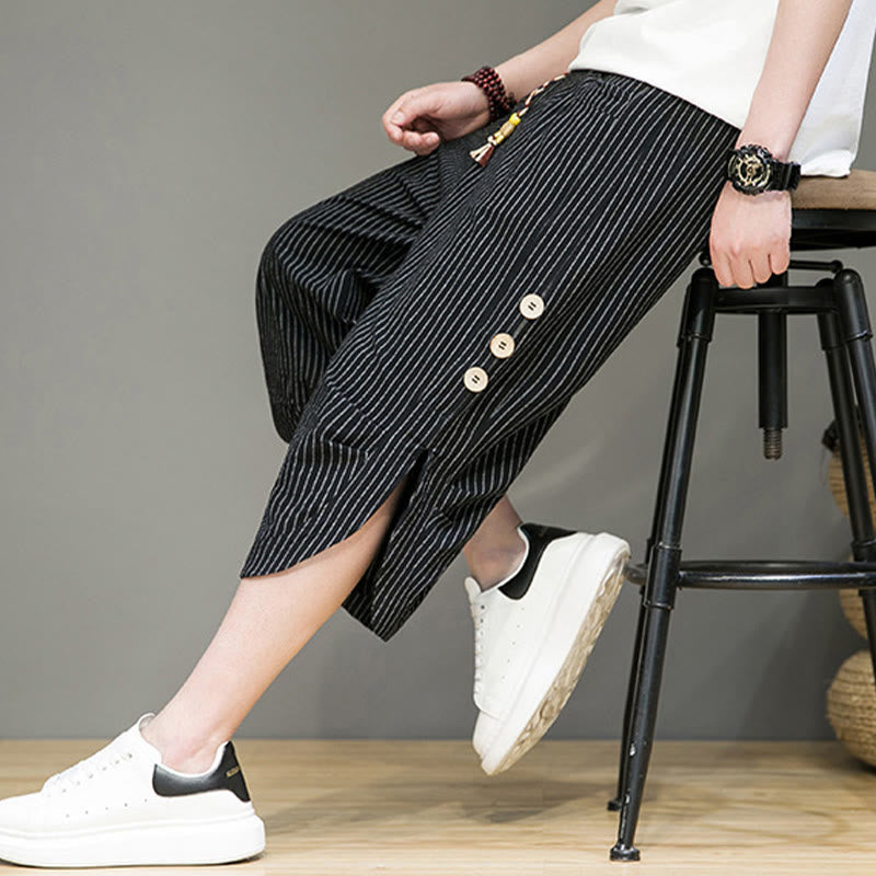 Pantaloni harem da uomo in cotone con tasche, modello casual a righe bianche con coulisse e bottoni, modello Buddha Stones