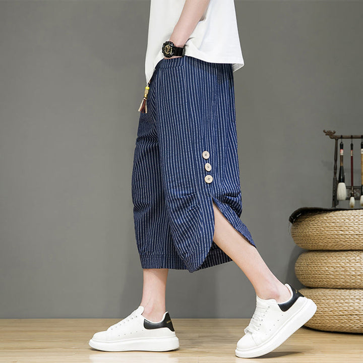 Pantaloni harem da uomo in cotone con tasche, modello casual a righe bianche con coulisse e bottoni, modello Buddha Stones