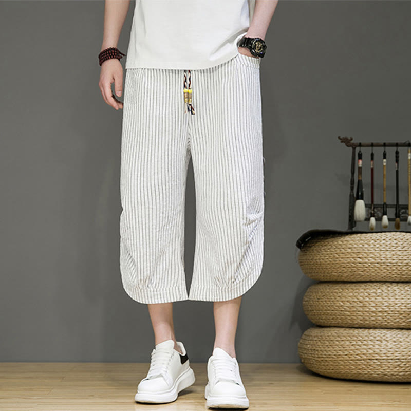 Pantaloni harem da uomo in cotone con tasche, modello casual a righe bianche con coulisse e bottoni, modello Buddha Stones