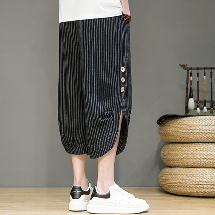 Pantaloni harem da uomo in cotone con tasche, modello casual a righe bianche con coulisse e bottoni, modello Buddha Stones