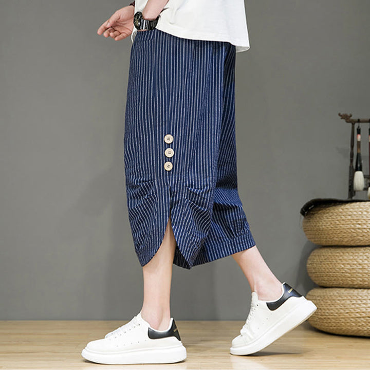 Pantaloni harem da uomo in cotone con tasche, modello casual a righe bianche con coulisse e bottoni, modello Buddha Stones