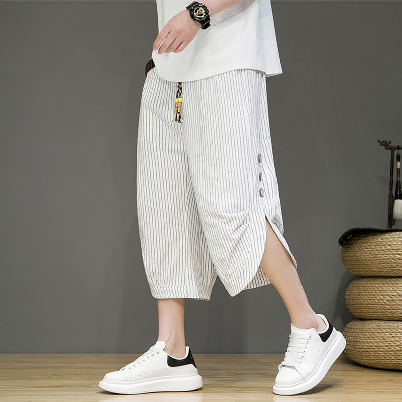 Pantaloni harem da uomo in cotone con tasche, modello casual a righe bianche con coulisse e bottoni, modello Buddha Stones