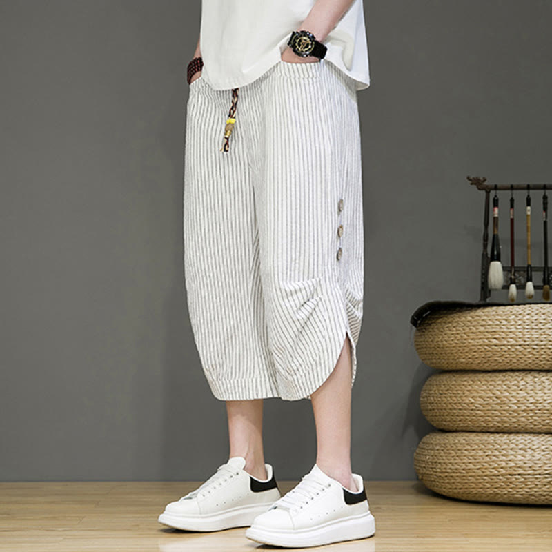 Pantaloni harem da uomo in cotone con tasche, modello casual a righe bianche con coulisse e bottoni, modello Buddha Stones