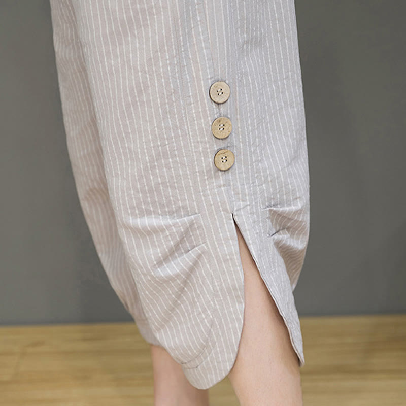 Pantaloni harem da uomo in cotone con tasche, modello casual a righe bianche con coulisse e bottoni, modello Buddha Stones