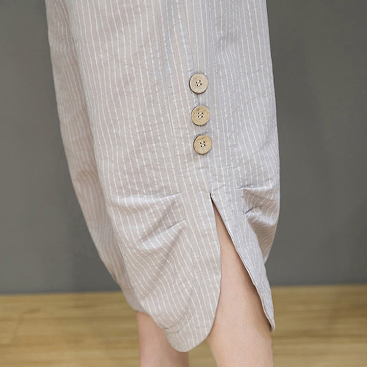 Pantaloni harem da uomo in cotone con tasche, modello casual a righe bianche con coulisse e bottoni, modello Buddha Stones