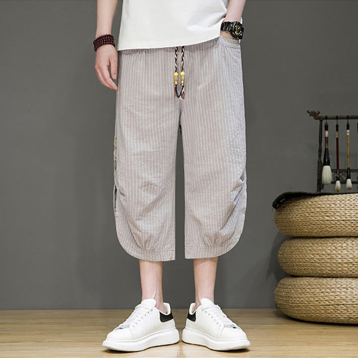 Pantaloni harem da uomo in cotone con tasche, modello casual a righe bianche con coulisse e bottoni, modello Buddha Stones - image 2