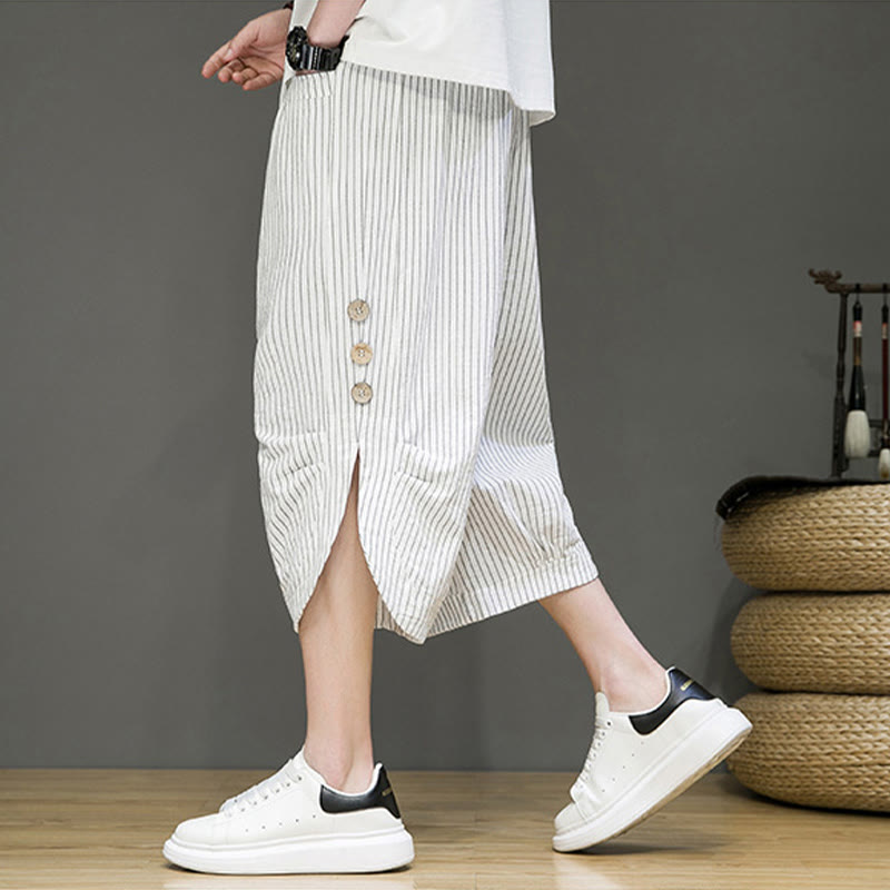 Pantaloni harem da uomo in cotone con tasche, modello casual a righe bianche con coulisse e bottoni, modello Buddha Stones