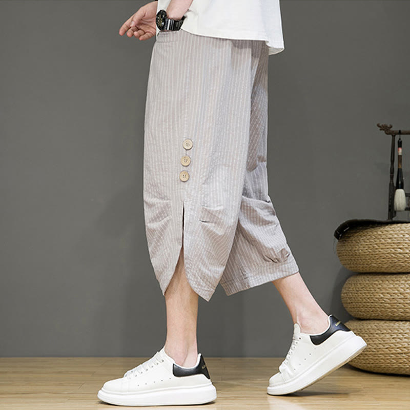 Pantaloni harem da uomo in cotone con tasche, modello casual a righe bianche con coulisse e bottoni, modello Buddha Stones