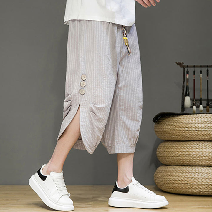 Pantaloni harem da uomo in cotone con tasche, modello casual a righe bianche con coulisse e bottoni, modello Buddha Stones - image 3