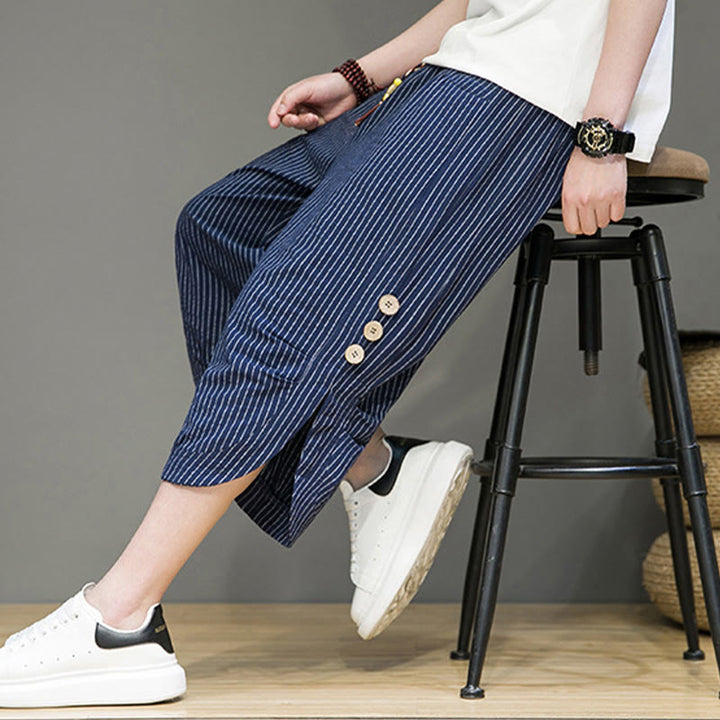 Pantaloni harem da uomo in cotone con tasche, modello casual a righe bianche con coulisse e bottoni, modello Buddha Stones