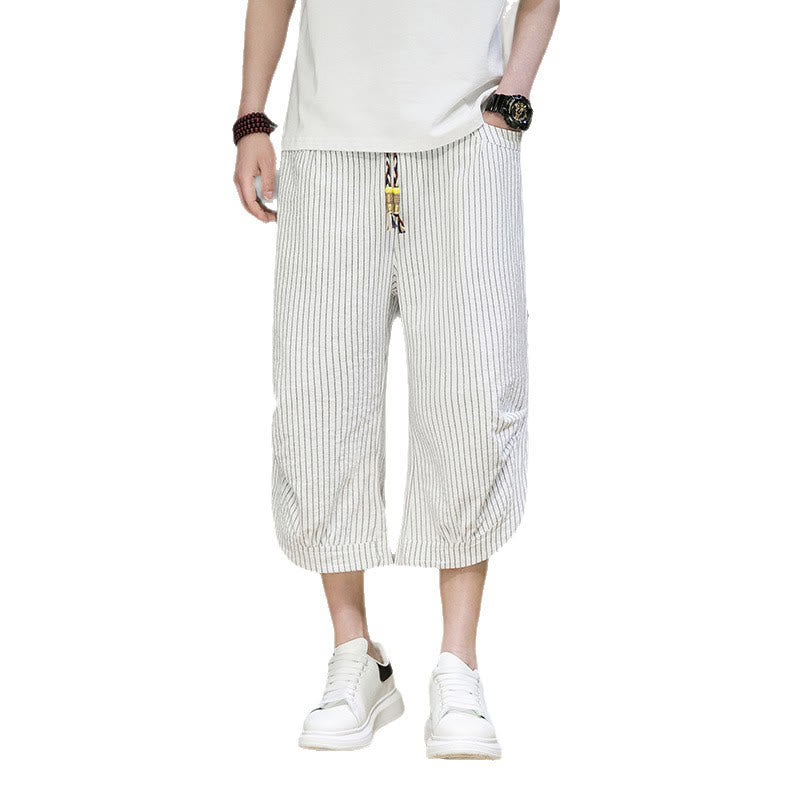 Pantaloni harem da uomo in cotone con tasche, modello casual a righe bianche con coulisse e bottoni, modello Buddha Stones