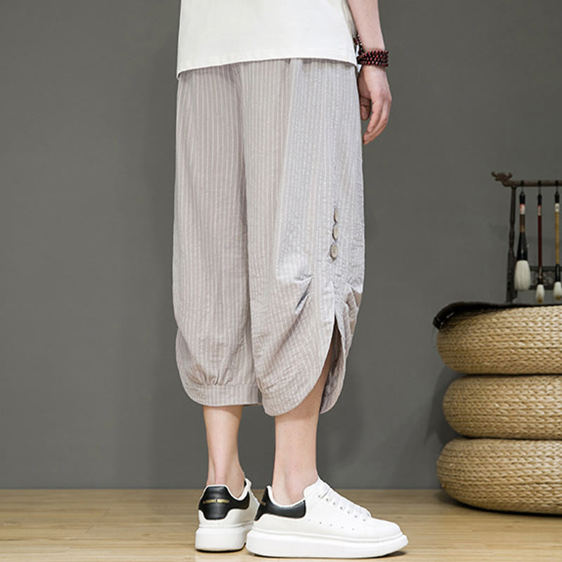 Pantaloni harem da uomo in cotone con tasche, modello casual a righe bianche con coulisse e bottoni, modello Buddha Stones