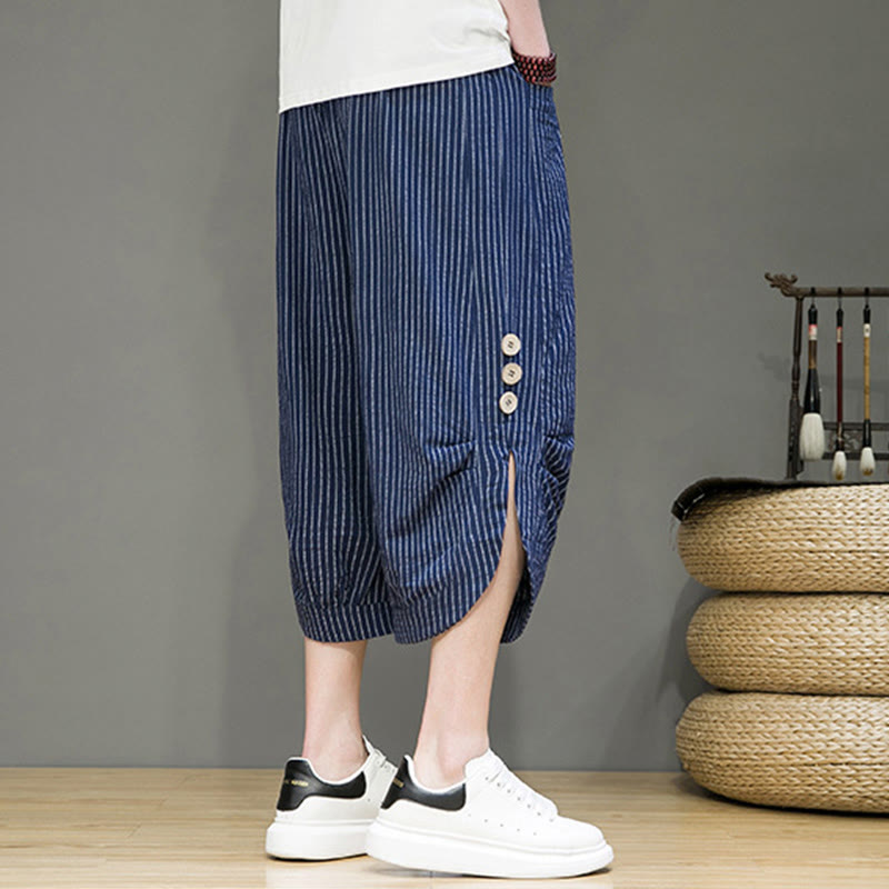 Pantaloni harem da uomo in cotone con tasche, modello casual a righe bianche con coulisse e bottoni, modello Buddha Stones