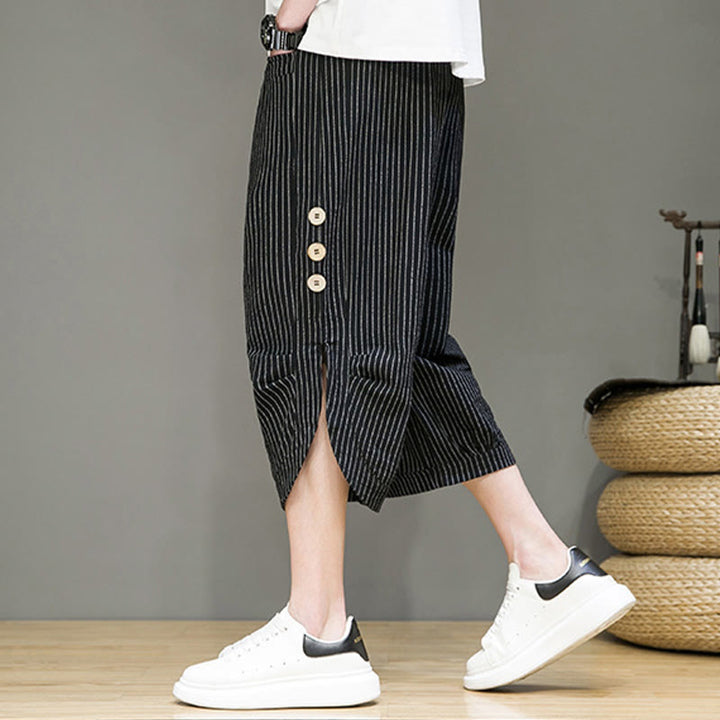 Pantaloni harem da uomo in cotone con tasche, modello casual a righe bianche con coulisse e bottoni, modello Buddha Stones