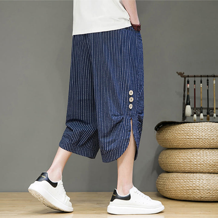 Pantaloni harem da uomo in cotone con tasche, modello casual a righe bianche con coulisse e bottoni, modello Buddha Stones