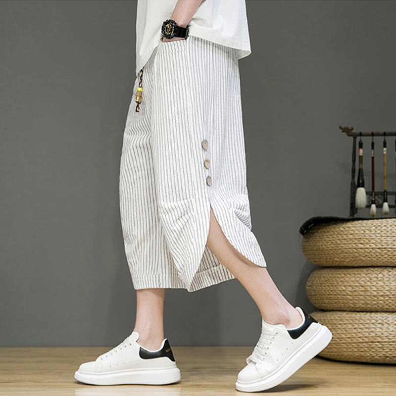 Pantaloni harem da uomo in cotone con tasche, modello casual a righe bianche con coulisse e bottoni, modello Buddha Stones