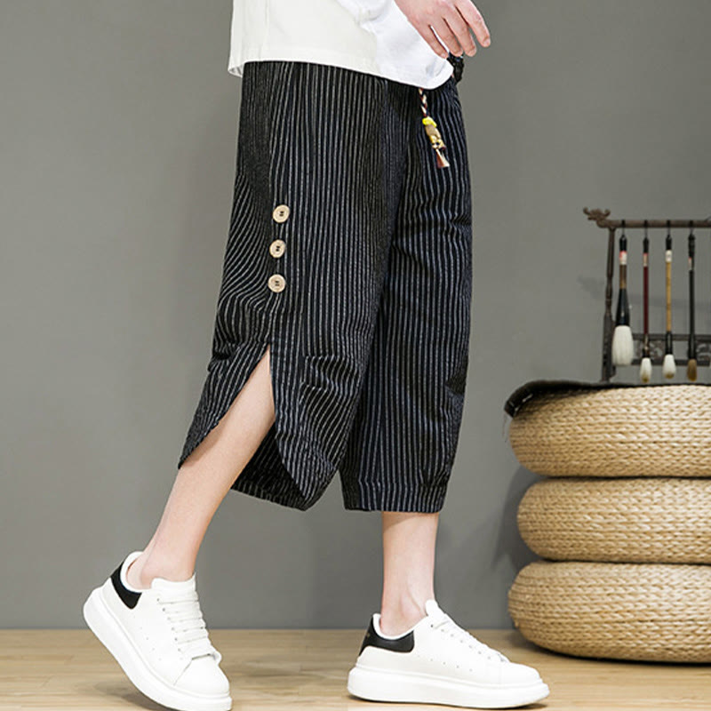 Pantaloni harem da uomo in cotone con tasche, modello casual a righe bianche con coulisse e bottoni, modello Buddha Stones
