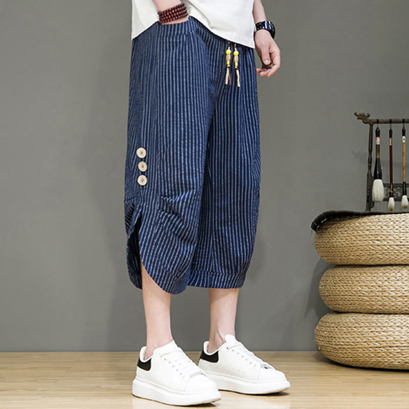 Pantaloni harem da uomo in cotone con tasche, modello casual a righe bianche con coulisse e bottoni, modello Buddha Stones