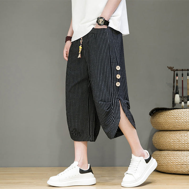Pantaloni harem da uomo in cotone con tasche, modello casual a righe bianche con coulisse e bottoni, modello Buddha Stones