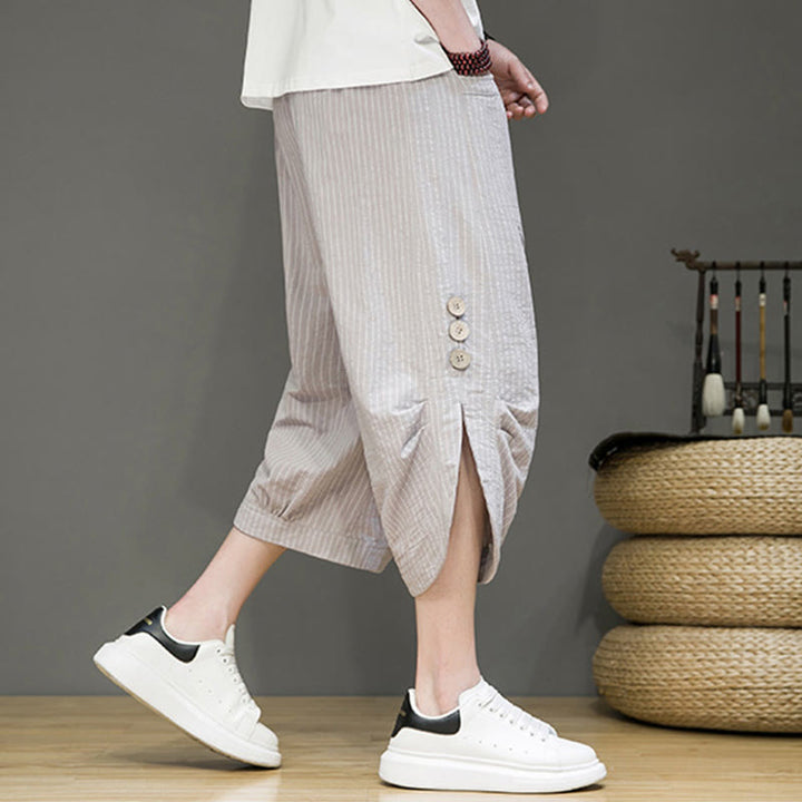 Pantaloni harem da uomo in cotone con tasche, modello casual a righe bianche con coulisse e bottoni, modello Buddha Stones