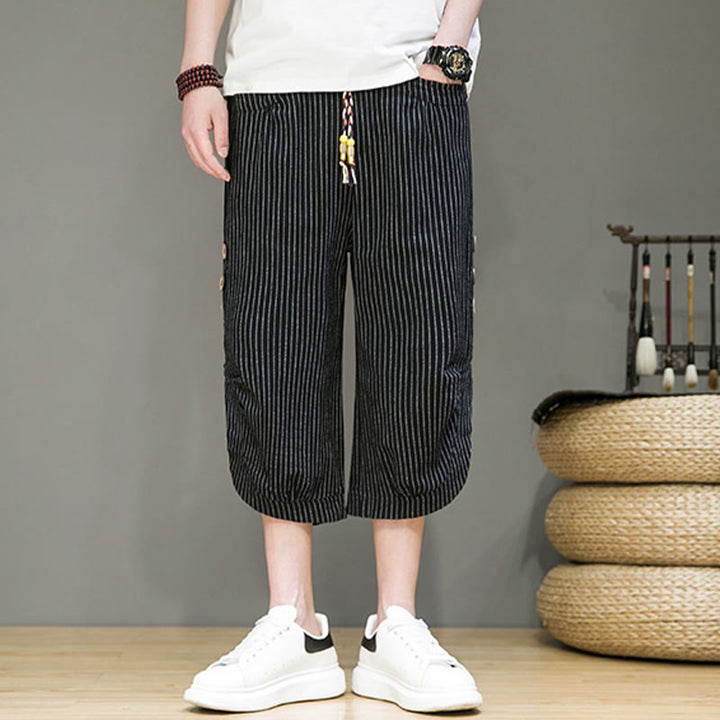 Pantaloni harem da uomo in cotone con tasche, modello casual a righe bianche con coulisse e bottoni, modello Buddha Stones