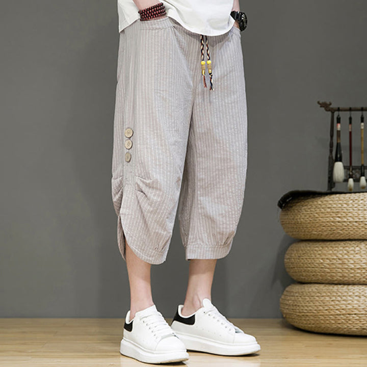 Pantaloni harem da uomo in cotone con tasche, modello casual a righe bianche con coulisse e bottoni, modello Buddha Stones - image 6
