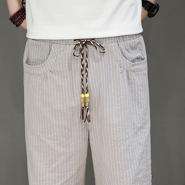Pantaloni harem da uomo in cotone con tasche, modello casual a righe bianche con coulisse e bottoni, modello Buddha Stones