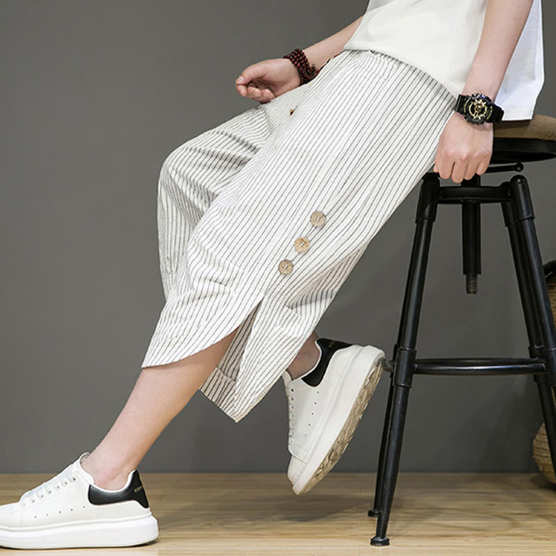 Pantaloni harem da uomo in cotone con tasche, modello casual a righe bianche con coulisse e bottoni, modello Buddha Stones