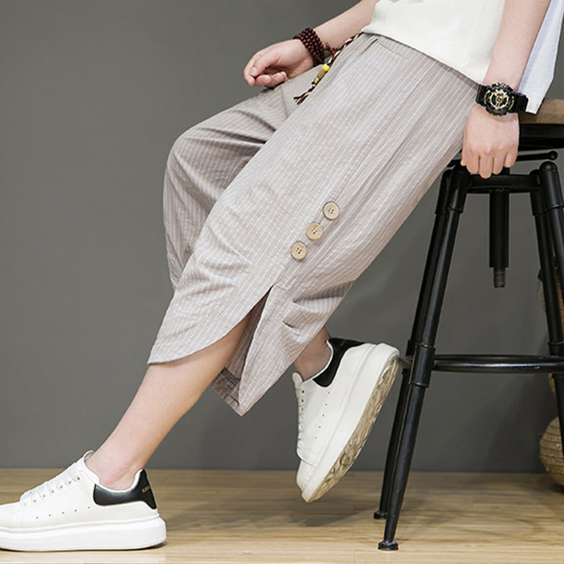 Pantaloni harem da uomo in cotone con tasche, modello casual a righe bianche con coulisse e bottoni, modello Buddha Stones