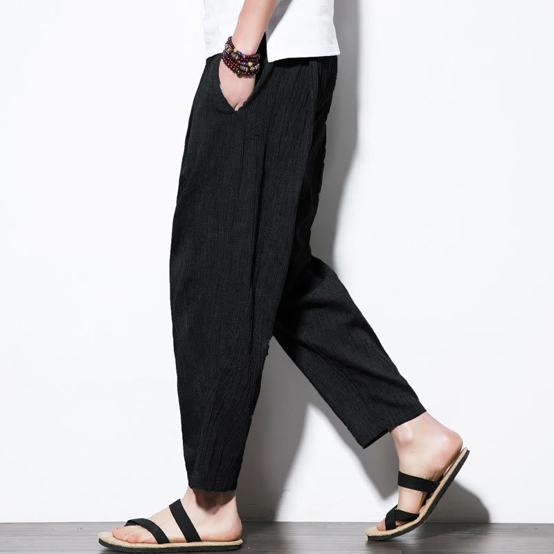 Pantaloni harem lunghi da uomo in cotone e lino con coulisse, modello Buddha Stones, casual, semplici e plissettati, con tasche