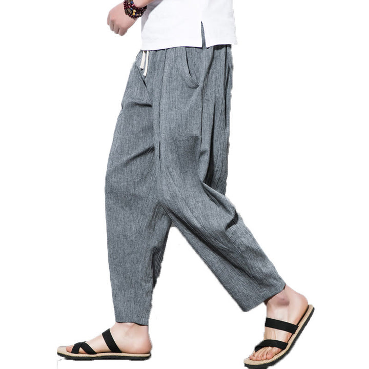 Pantaloni harem lunghi da uomo in cotone e lino con coulisse, modello Buddha Stones, casual, semplici e plissettati, con tasche