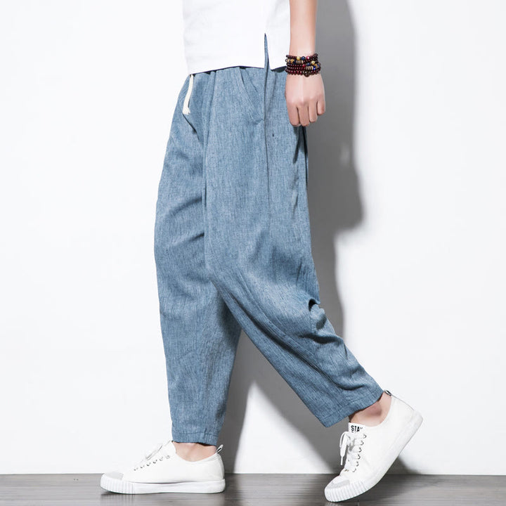 Pantaloni harem lunghi da uomo in cotone e lino con coulisse, modello Buddha Stones, casual, semplici e plissettati, con tasche