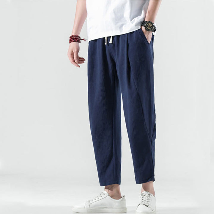 Pantaloni harem lunghi da uomo in cotone e lino con coulisse, modello Buddha Stones, casual, semplici e plissettati, con tasche
