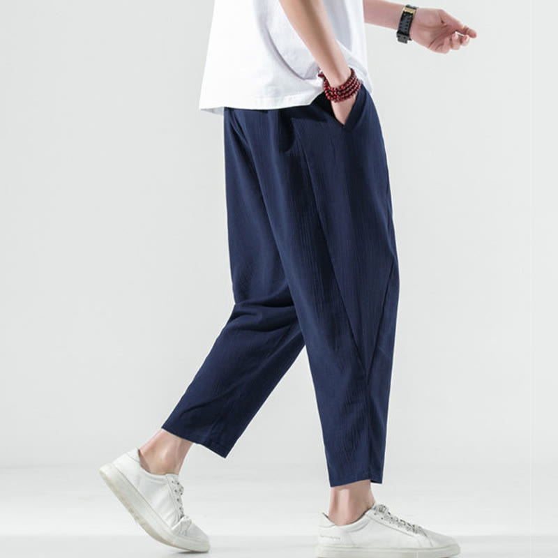 Pantaloni harem lunghi da uomo in cotone e lino con coulisse, modello Buddha Stones, casual, semplici e plissettati, con tasche