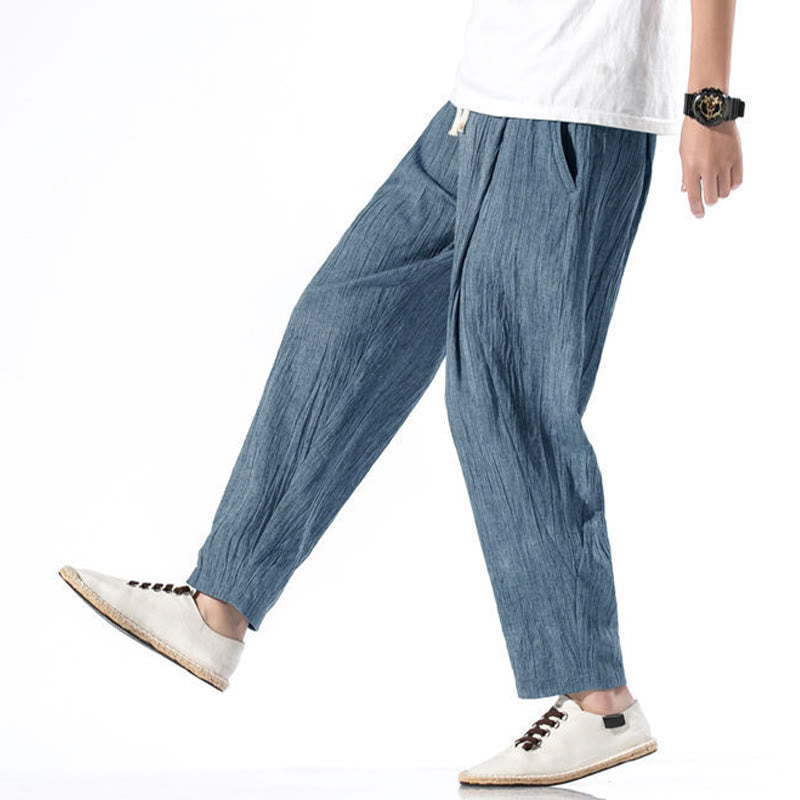 Pantaloni harem lunghi da uomo in cotone e lino con coulisse, modello Buddha Stones, casual, semplici e plissettati, con tasche