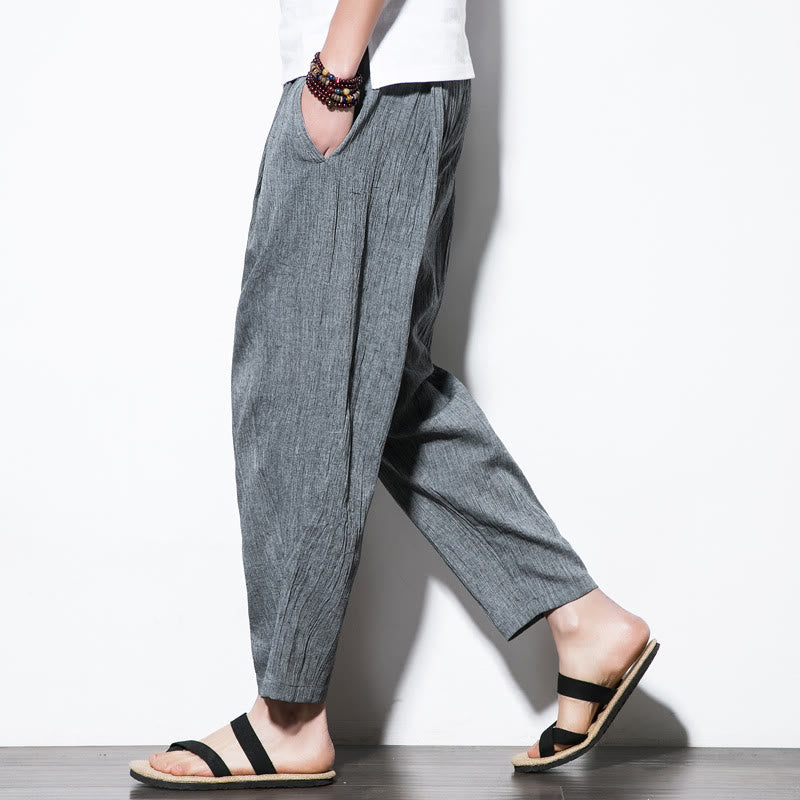 Pantaloni harem lunghi da uomo in cotone e lino con coulisse, modello Buddha Stones, casual, semplici e plissettati, con tasche