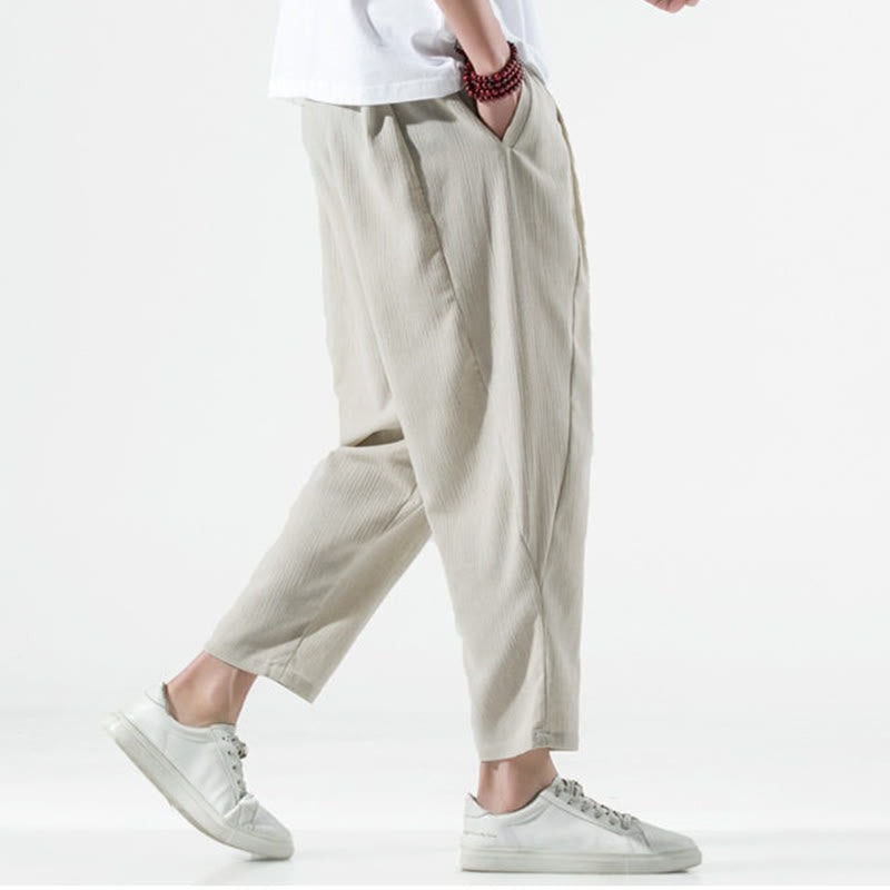 Pantaloni harem lunghi da uomo in cotone e lino con coulisse, modello Buddha Stones, casual, semplici e plissettati, con tasche