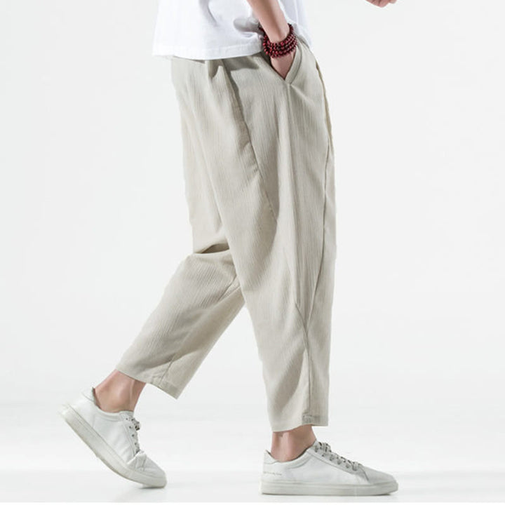 Pantaloni harem lunghi da uomo in cotone e lino con coulisse, modello Buddha Stones, casual, semplici e plissettati, con tasche