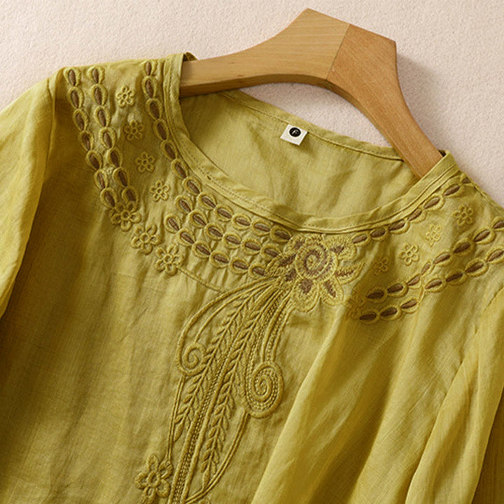 Camicia in cotone e lino a maniche corte con scollo a giro e design cavo da donna Buddha Stones - image 16