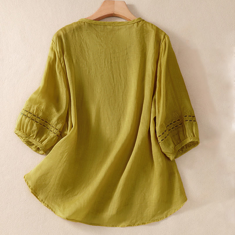 Camicia in cotone e lino a maniche corte con scollo a giro e design cavo da donna Buddha Stones - image 15