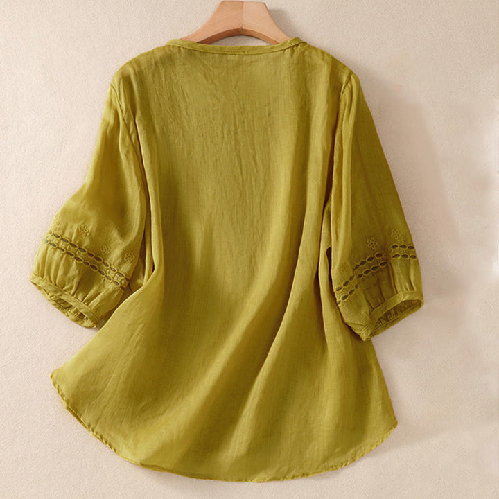Camicia in cotone e lino a maniche corte con scollo a giro e design cavo da donna Buddha Stones - image 15