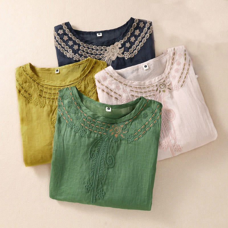 Camicia in cotone e lino a maniche corte con scollo a giro e design cavo da donna Buddha Stones - image 25