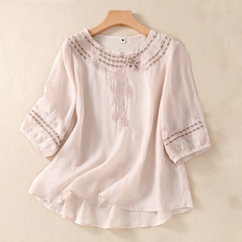 Camicia in cotone e lino a maniche corte con scollo a giro e design cavo da donna Buddha Stones - MistyRose - US8-10, UK/AU12-14, EU40-42 (2XL) - image 0