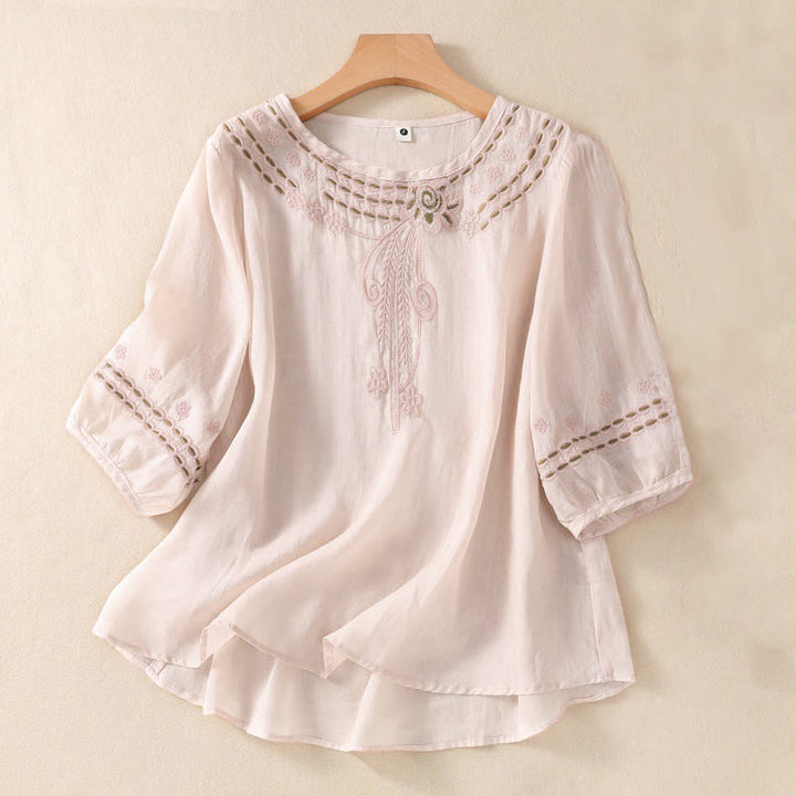 Camicia in cotone e lino a maniche corte con scollo a giro e design cavo da donna Buddha Stones - MistyRose - US8-10, UK/AU12-14, EU40-42 (2XL) - image 0