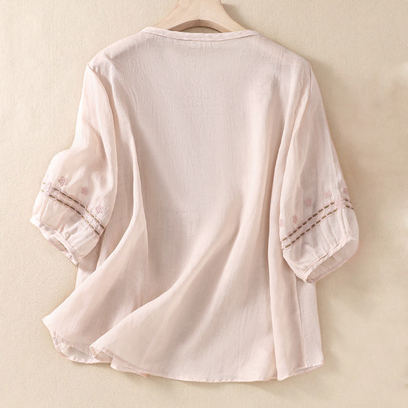 Camicia in cotone e lino a maniche corte con scollo a giro e design cavo da donna Buddha Stones - image 2